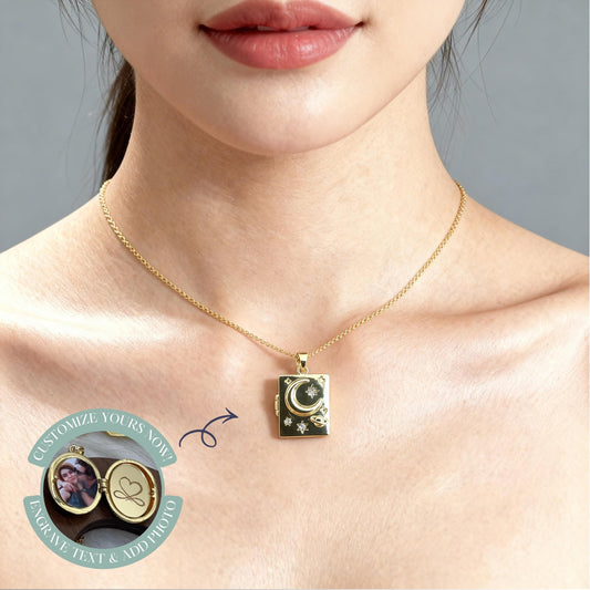 Celestial Moon & Stars Rectangle Photo Locket Necklace – Personalized Keepsake Gift