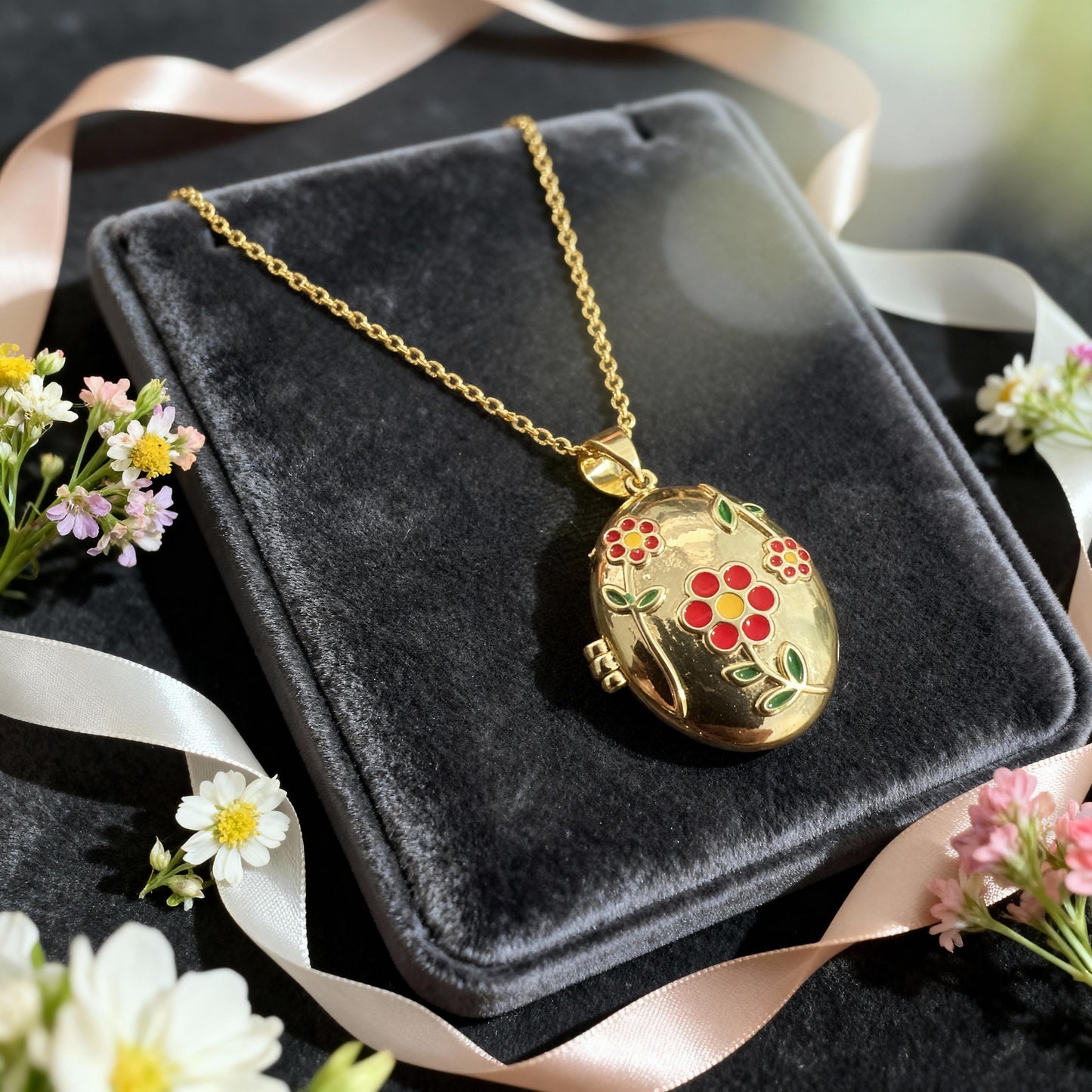 Floral Oval Photo Locket Necklace – Personalized Keepsake Gift