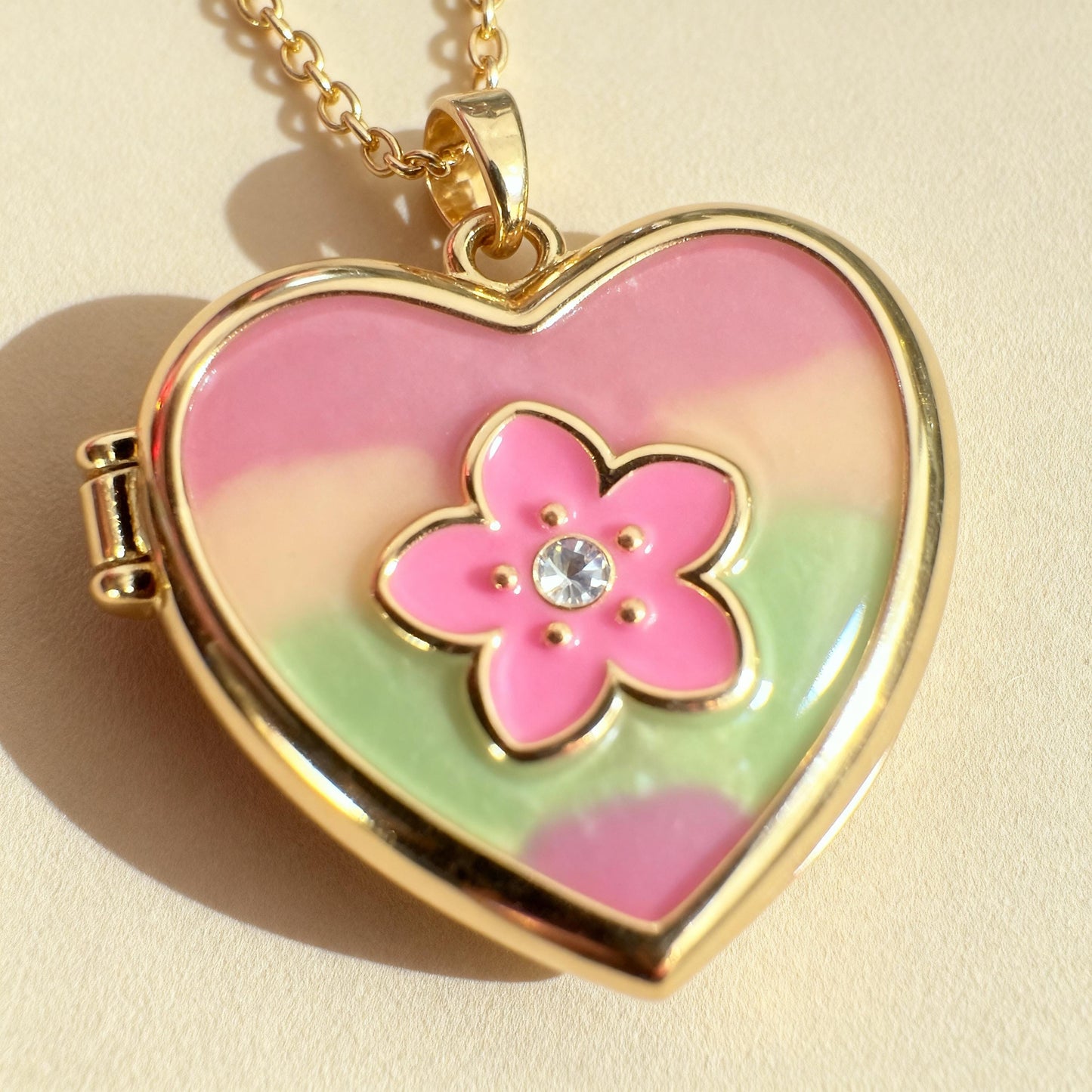 Pink Enamel Floral Heart Photo Locket Necklace – Personalized Keepsake Gift