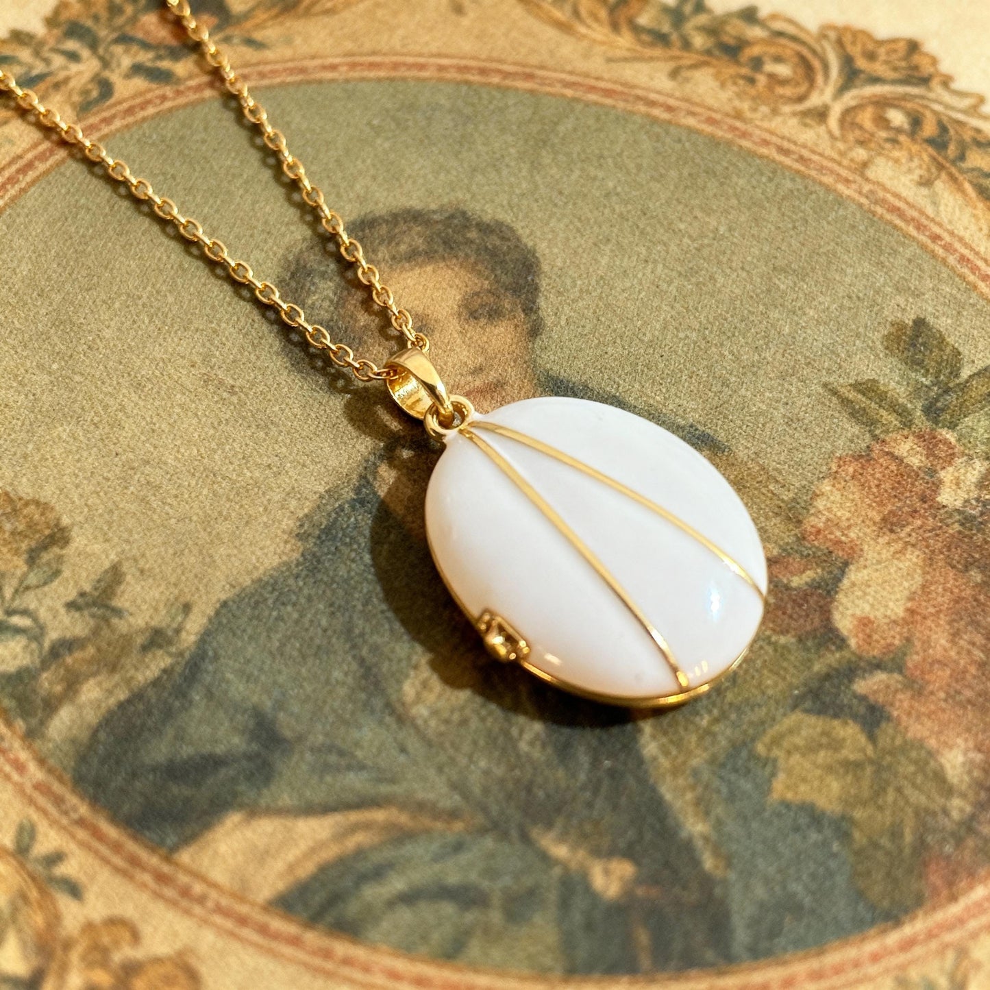 White Enamel Oval Photo Locket Necklace – Personalized Keepsake Gift
