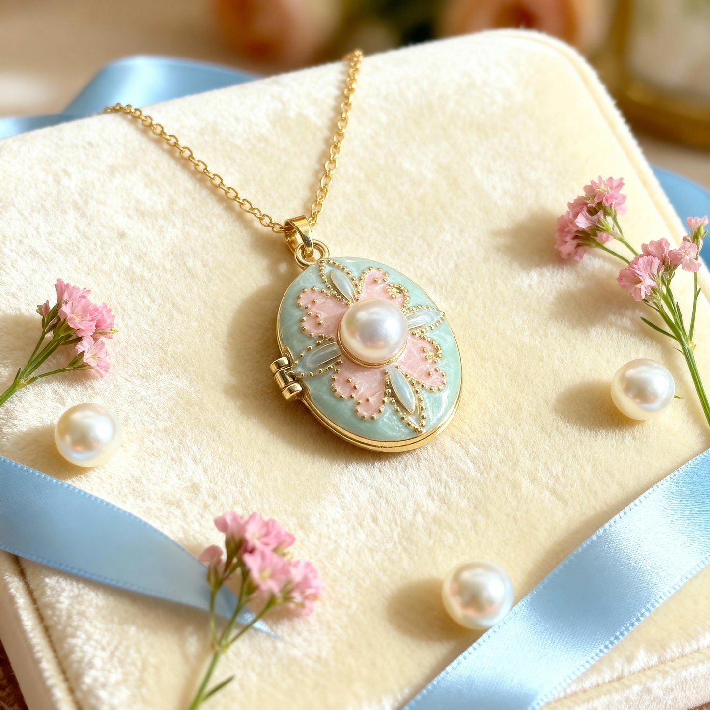 Pastel Floral Pearl Oval Photo Locket Necklace – Personalized Keepsake Gift