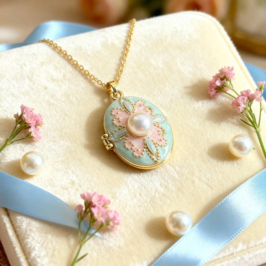 Pastel Floral Pearl Oval Photo Locket Necklace – Personalized Keepsake Gift