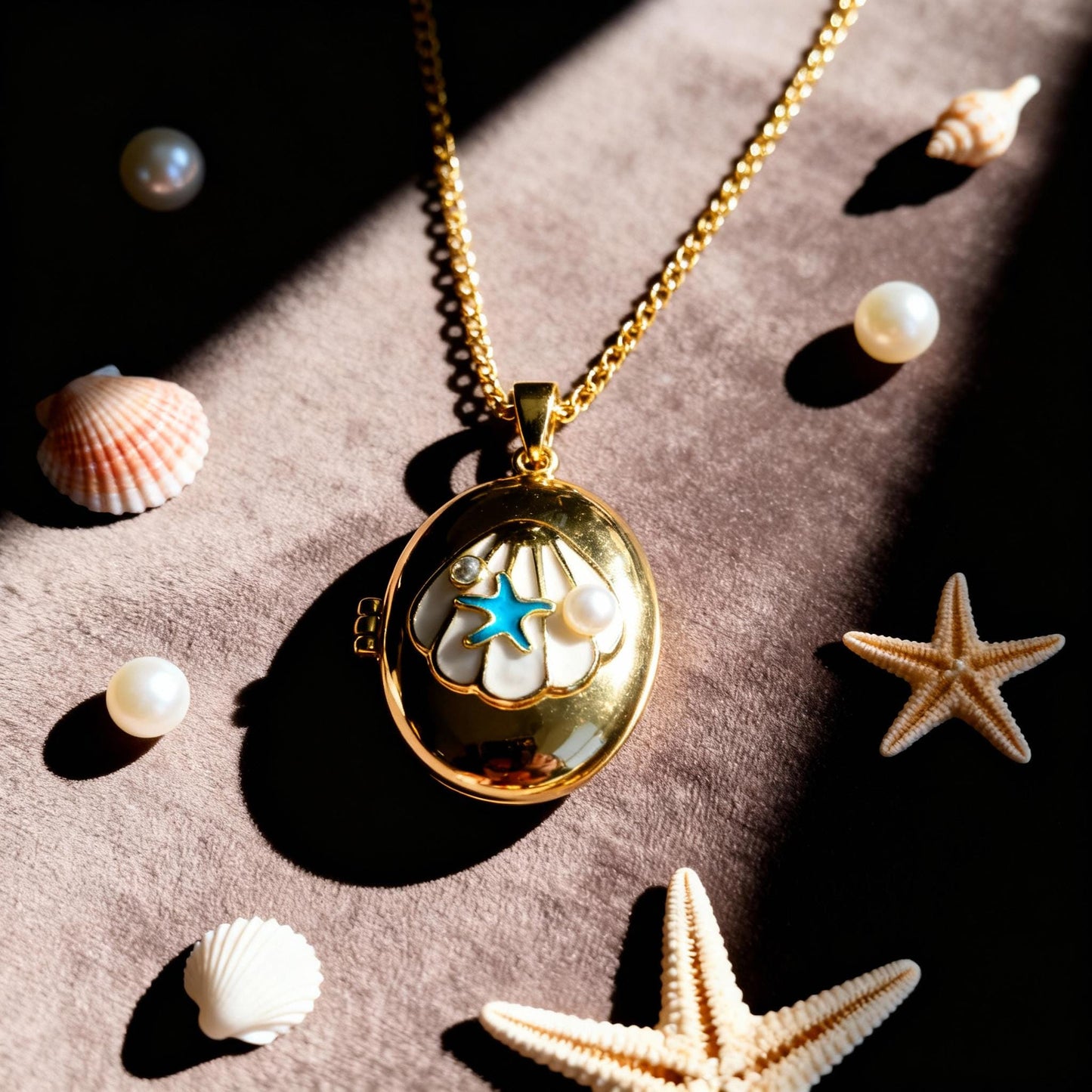 Seashell Starfish Pearl Photo Locket Necklace – Personalized Keepsake Gift