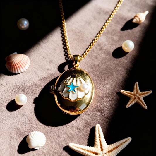 Seashell Starfish Pearl Photo Locket Necklace – Personalized Keepsake Gift