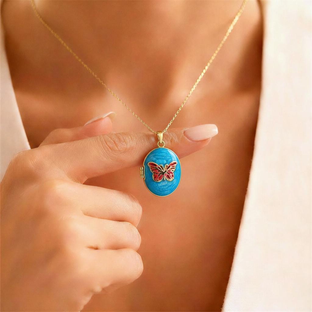 Blue Butterfly Oval Photo Locket Necklace – Personalized Keepsake Gift