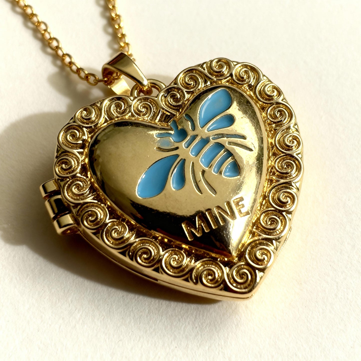Blue Enamel Bee Heart Photo Locket Necklace – Personalized Keepsake Gift