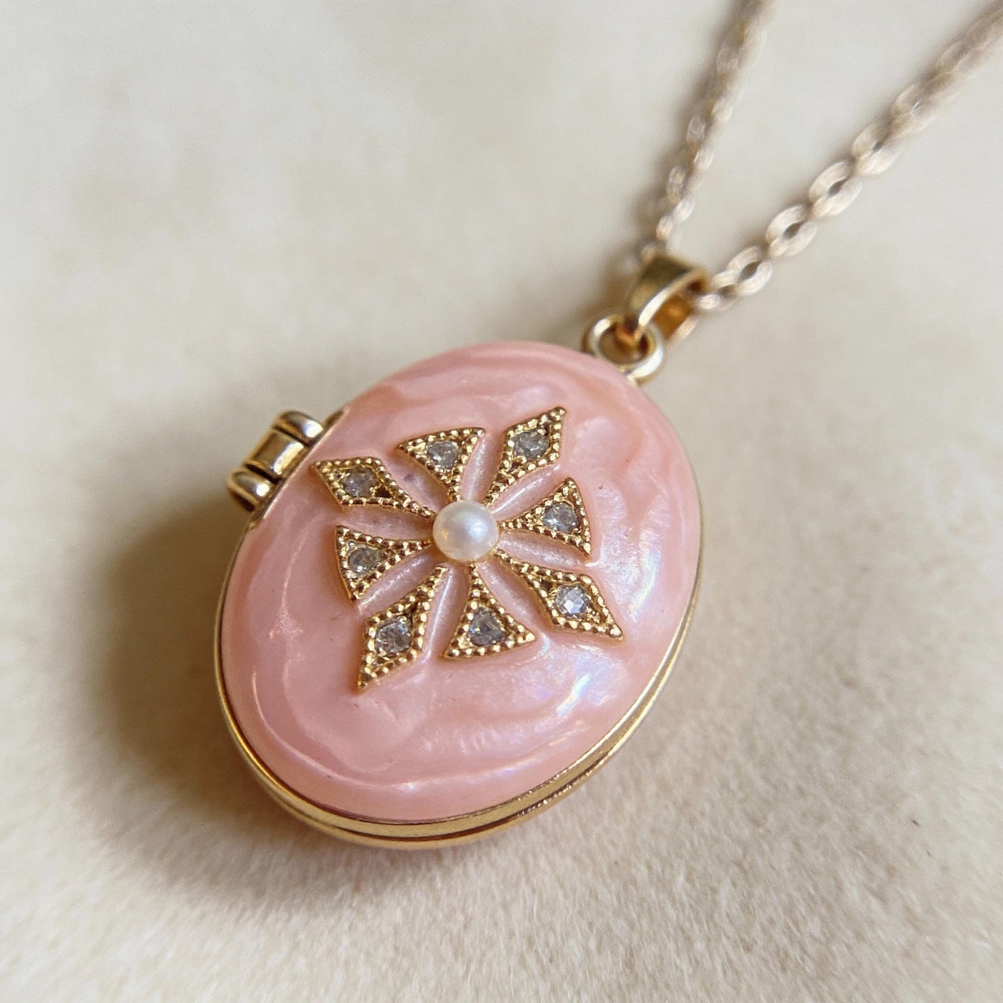 Pink Enamel Pearl Oval Photo Locket Necklace – Personalized Keepsake Gift