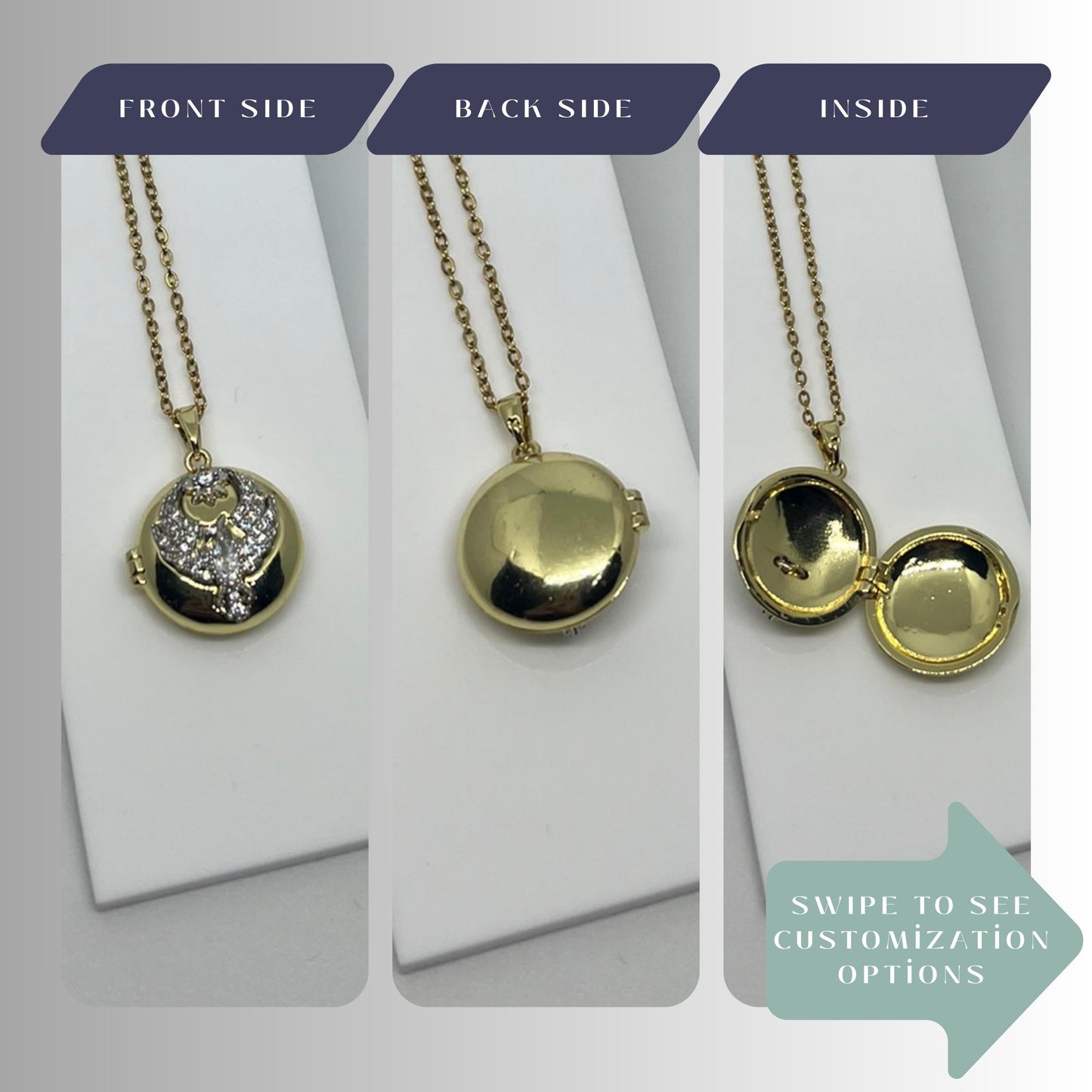 Phoenix Round Locket Necklace, Gold Crystal Photo Locket Pendant, Personalized Keepsake Gift for Her
