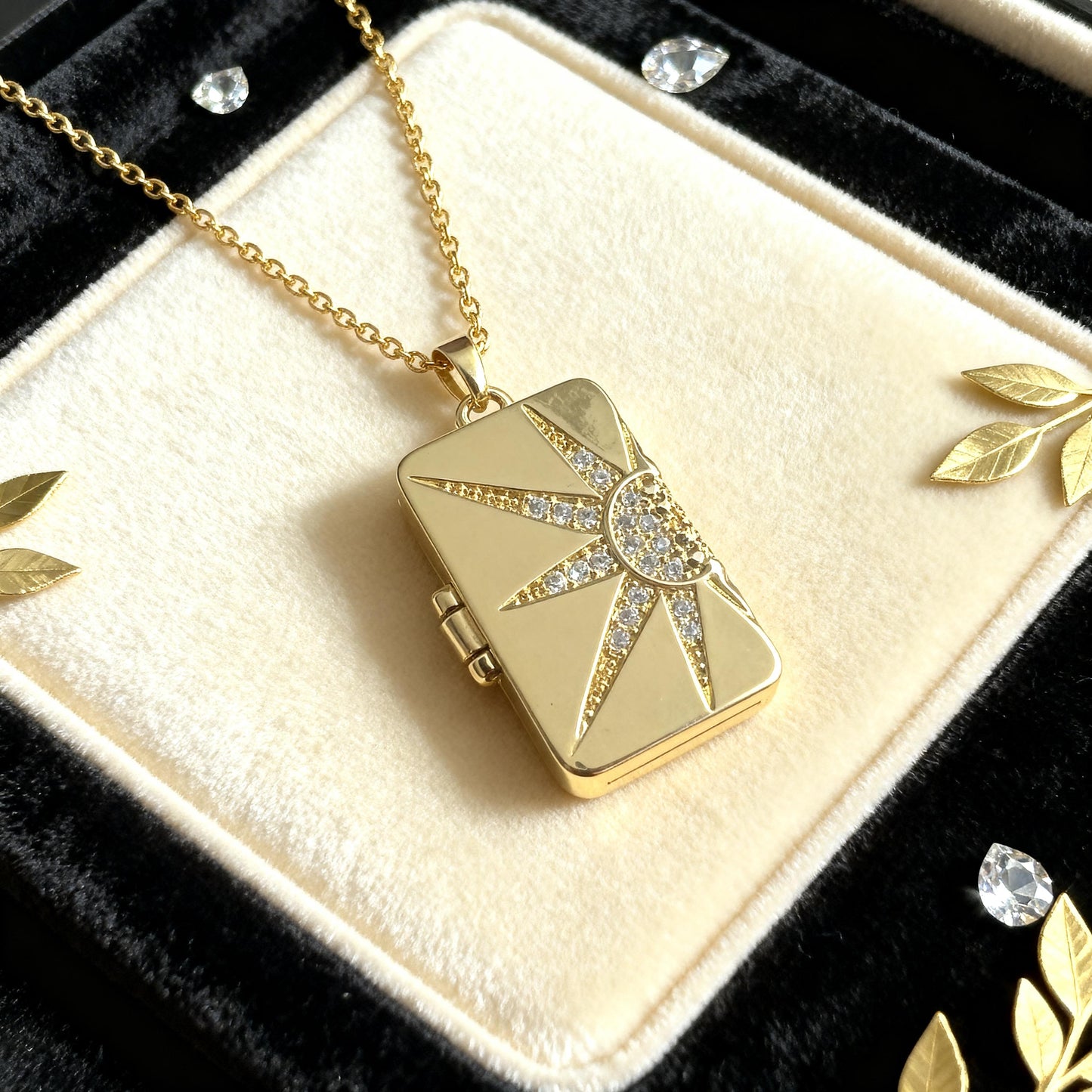 Sunburst Rectangle Locket Necklace, Gold Photo Locket with Crystal Sun Design, Personalized Keepsake Gift for Her