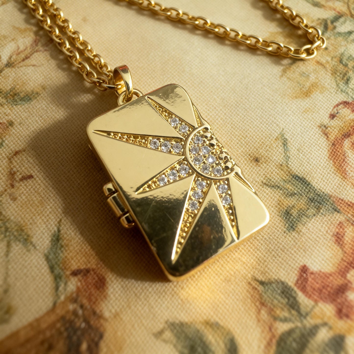 Sunburst Rectangle Locket Necklace, Gold Photo Locket with Crystal Sun Design, Personalized Keepsake Gift for Her