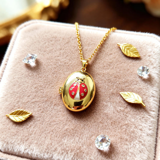 Red Enamel Ladybug Oval Photo Locket Necklace – Personalized Keepsake Gift