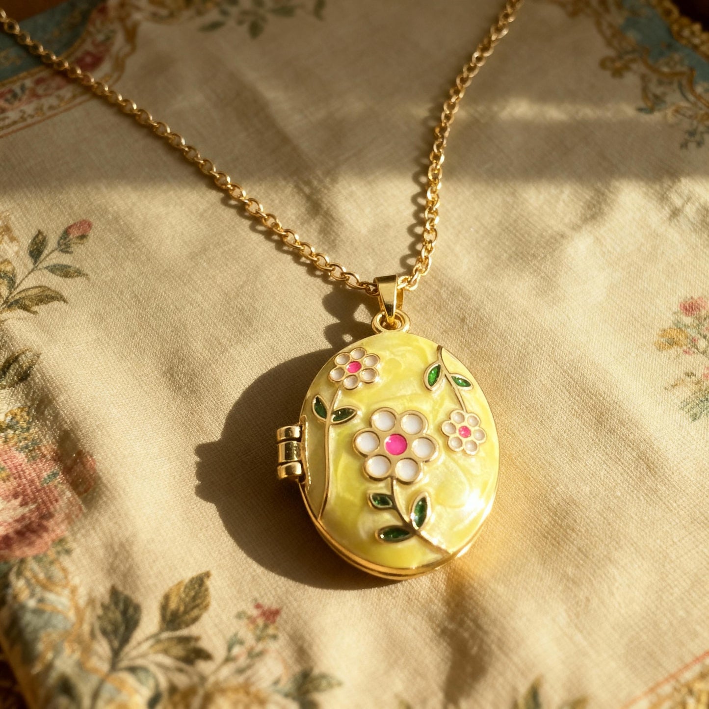 Yellow Floral Oval Photo Locket Necklace – Personalized Keepsake Gift