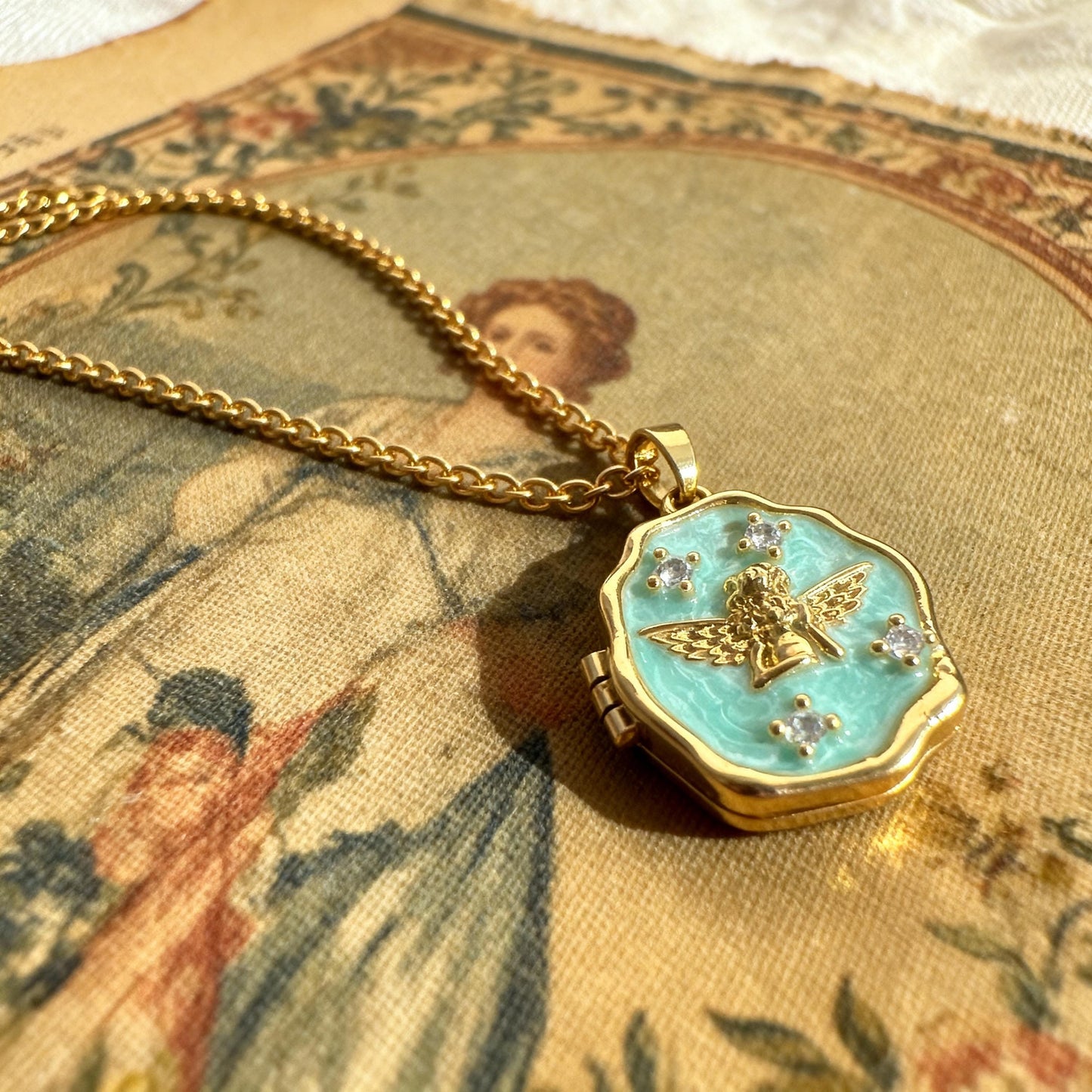 Turquoise Enamel Angel Photo Locket Necklace – Personalized Keepsake Gift