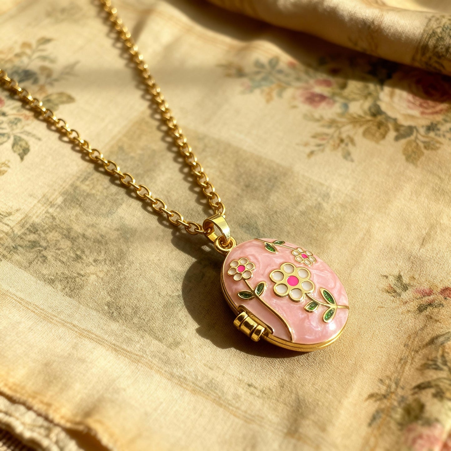 Pink Floral Oval Photo Locket Necklace – Personalized Keepsake Gift