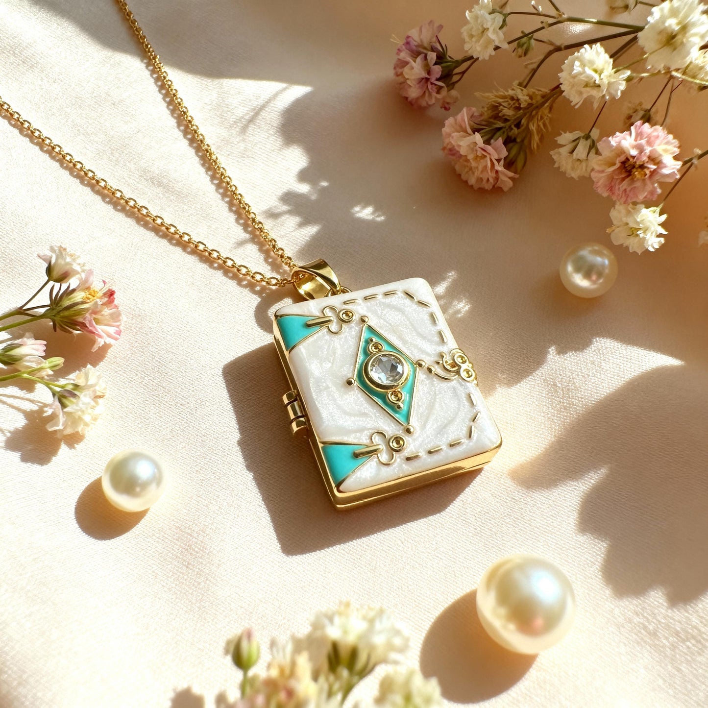 White Enamel Book Locket Necklace – Personalized Keepsake Gift