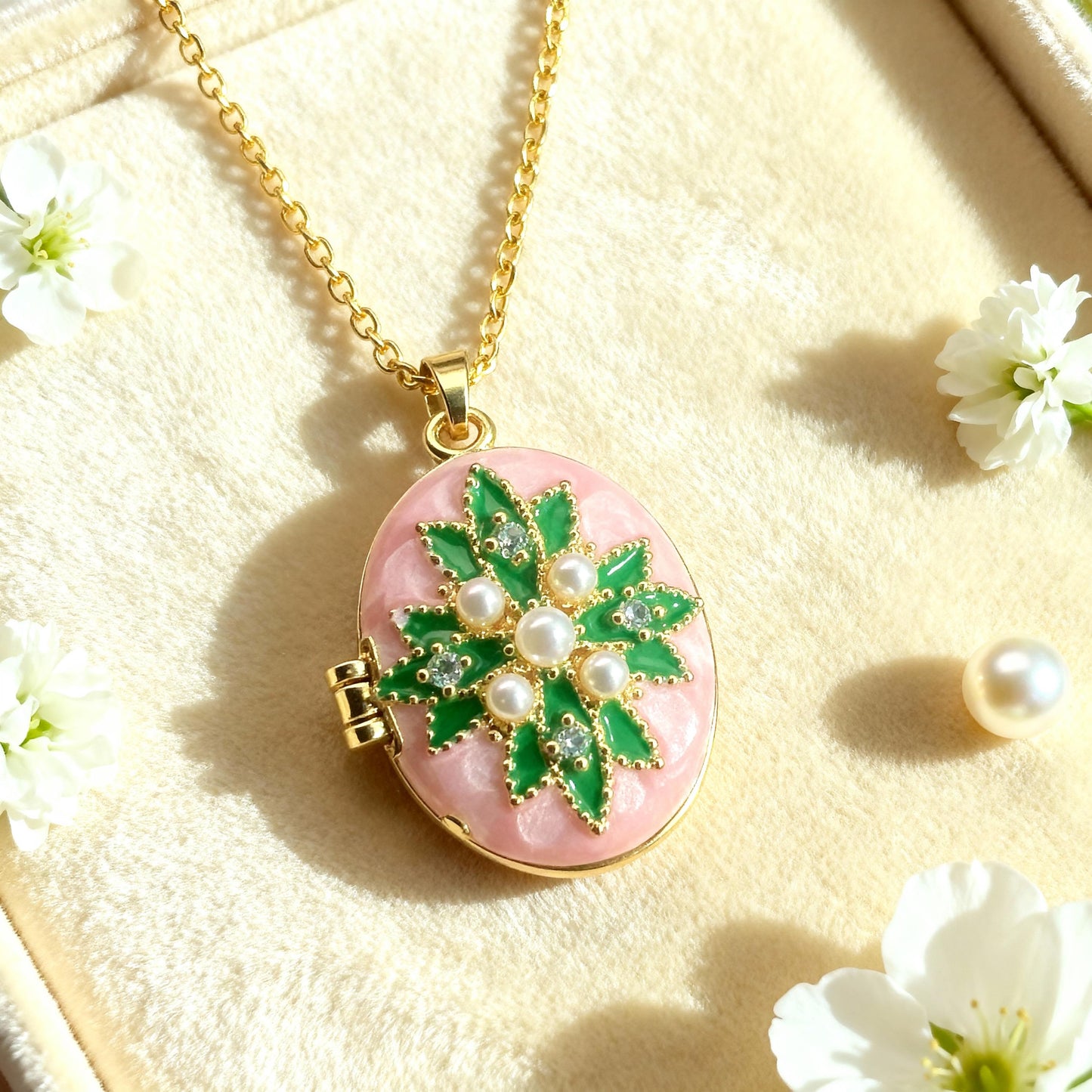 Pink Pearl Floral Oval Photo Locket Necklace – Personalized Keepsake Gift