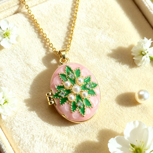 Pink Pearl Floral Oval Photo Locket Necklace – Personalized Keepsake Gift