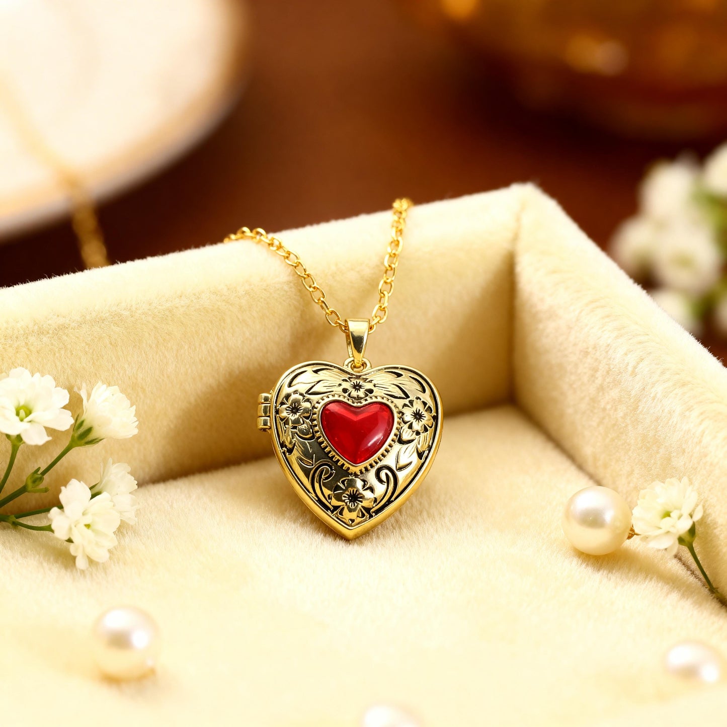 Red Floral Heart Photo Locket Necklace – Personalized Keepsake Gift