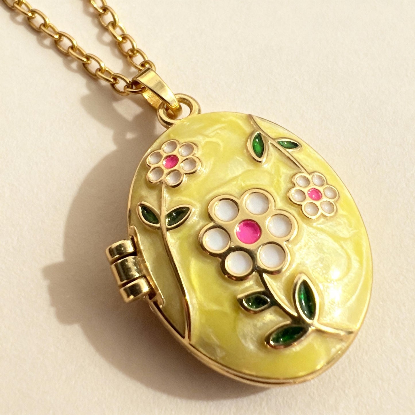Yellow Floral Oval Photo Locket Necklace – Personalized Keepsake Gift