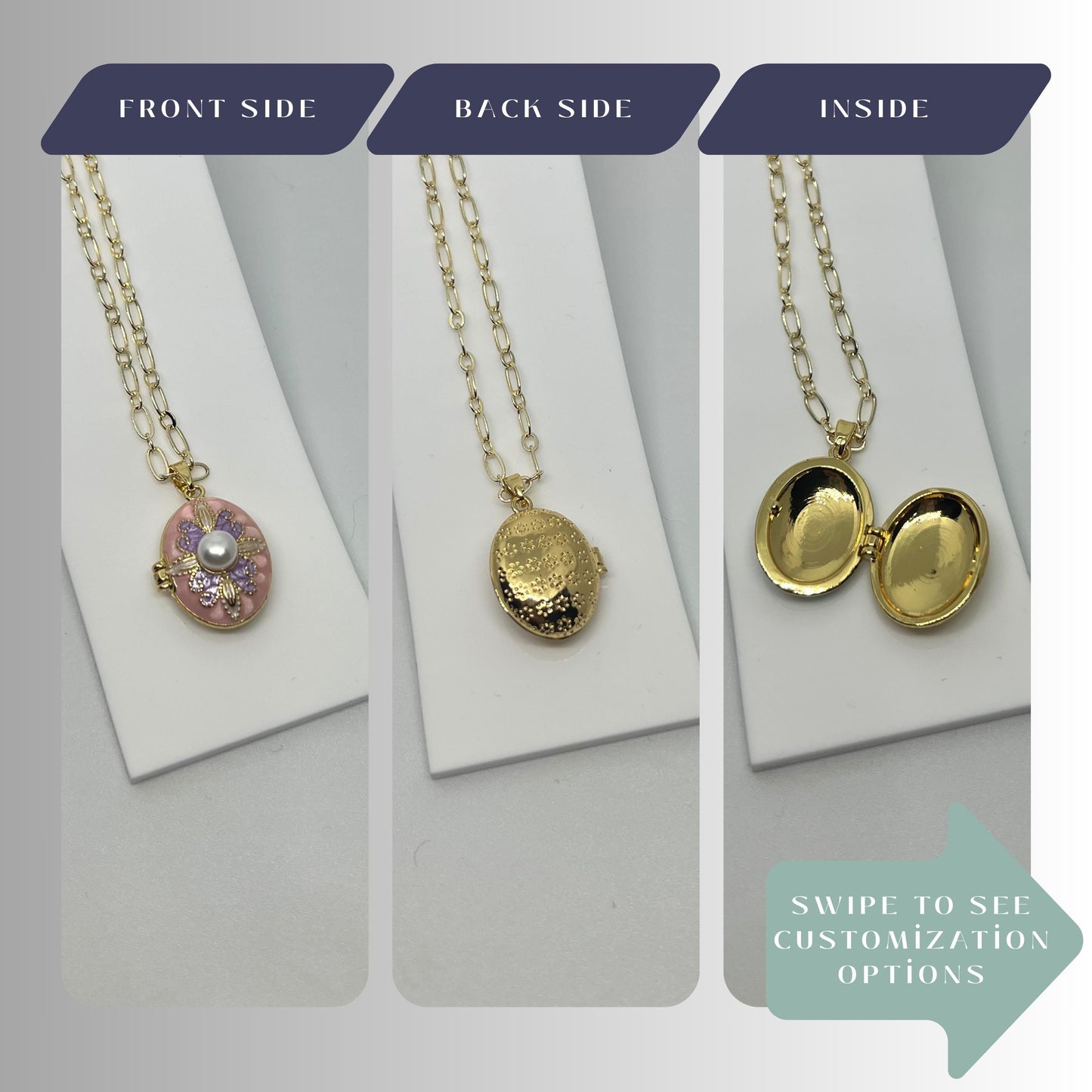 Pink Purple Enamel Pearl Oval Photo Locket Necklace – Personalized Keepsake Gift