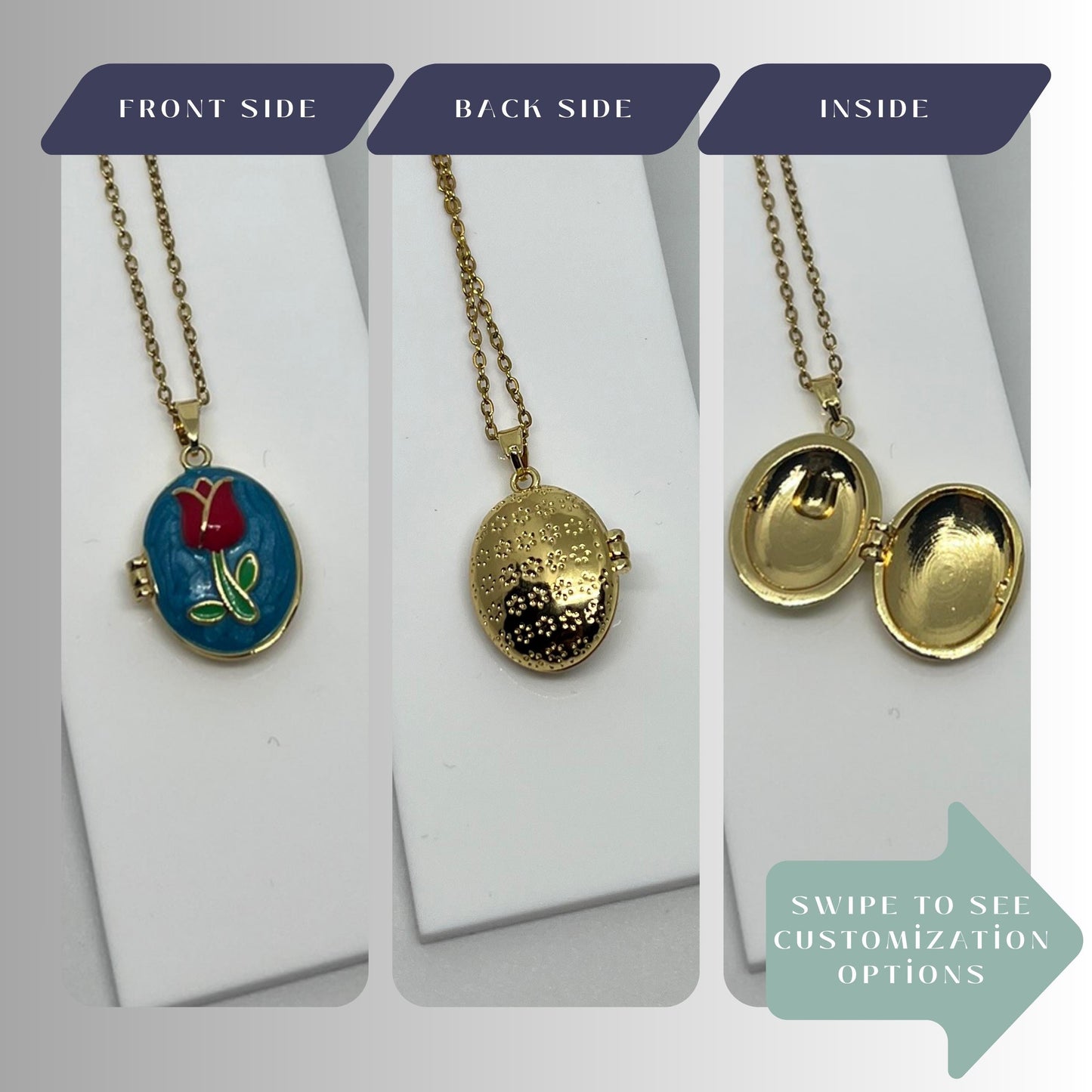 Blue Tulip Oval Photo Locket Necklace – Personalized Keepsake Gift