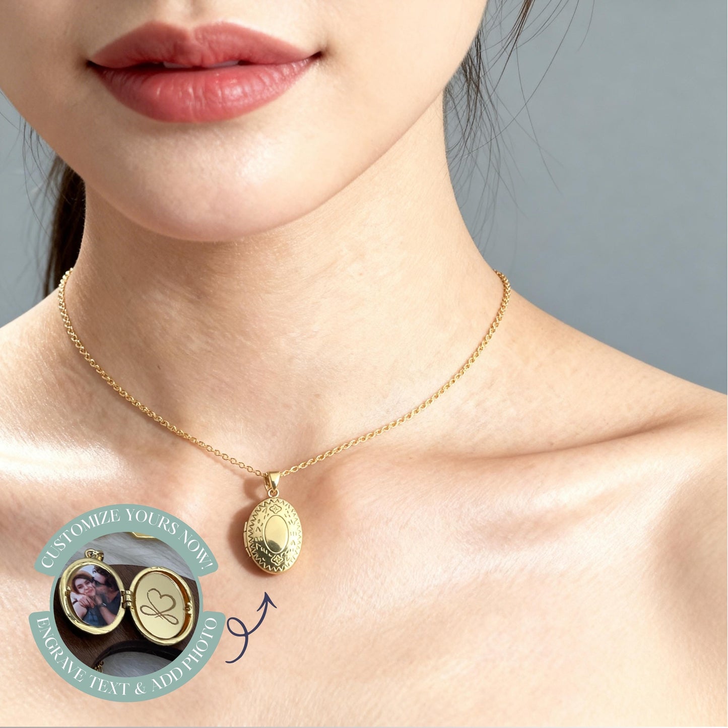 Vintage Engraved Oval Photo Locket Necklace – Personalized Keepsake Gift