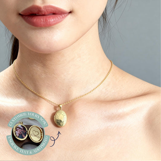 Vintage Engraved Oval Photo Locket Necklace – Personalized Keepsake Gift
