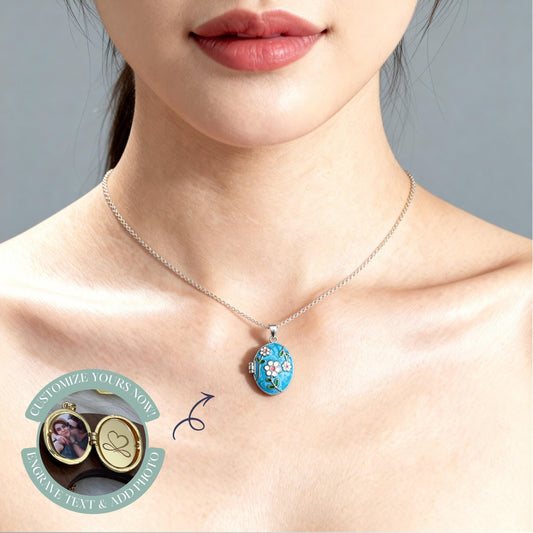 Blue Daisy Floral Oval Photo Locket Necklace – Personalized Keepsake Gift