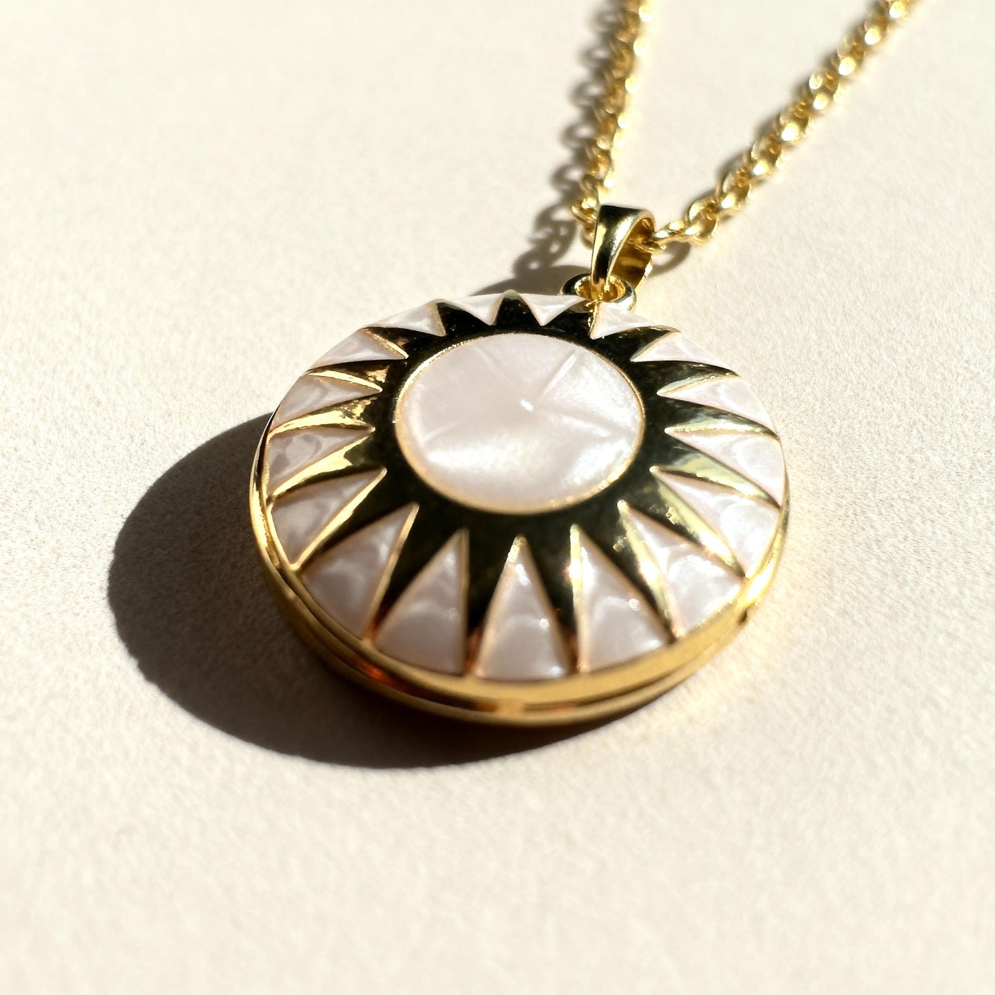 Sun Mother of Pearl Round Photo Locket Necklace – Personalized Keepsake Gift