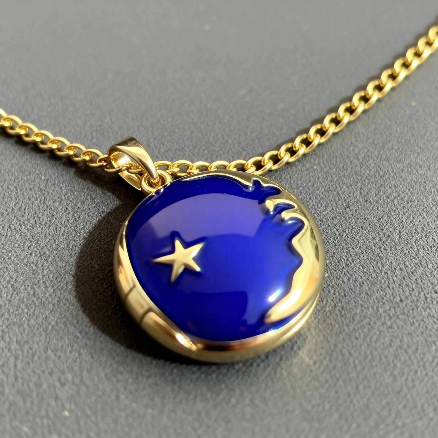 Blue Enamel Moon Star Photo Locket Necklace – Personalized Keepsake Gift