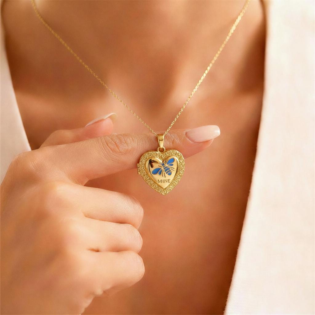 Blue Enamel Bee Heart Photo Locket Necklace – Personalized Keepsake Gift