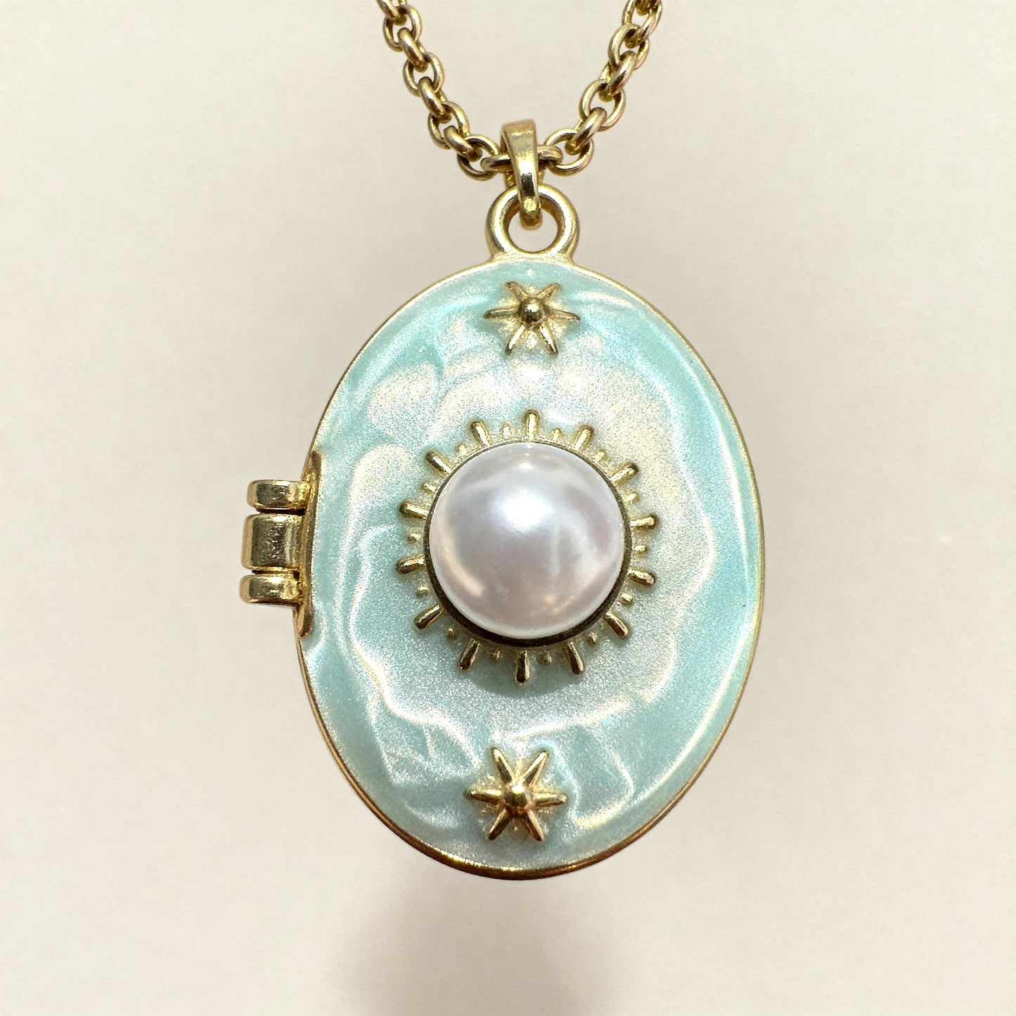 Mint Blue Pearl Oval Photo Locket Necklace – Personalized Keepsake Gift