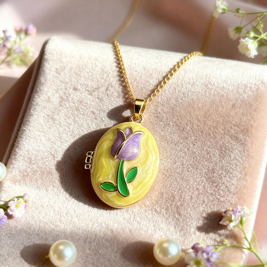 Yellow Tulip Oval Photo Locket Necklace – Personalized Keepsake Gift