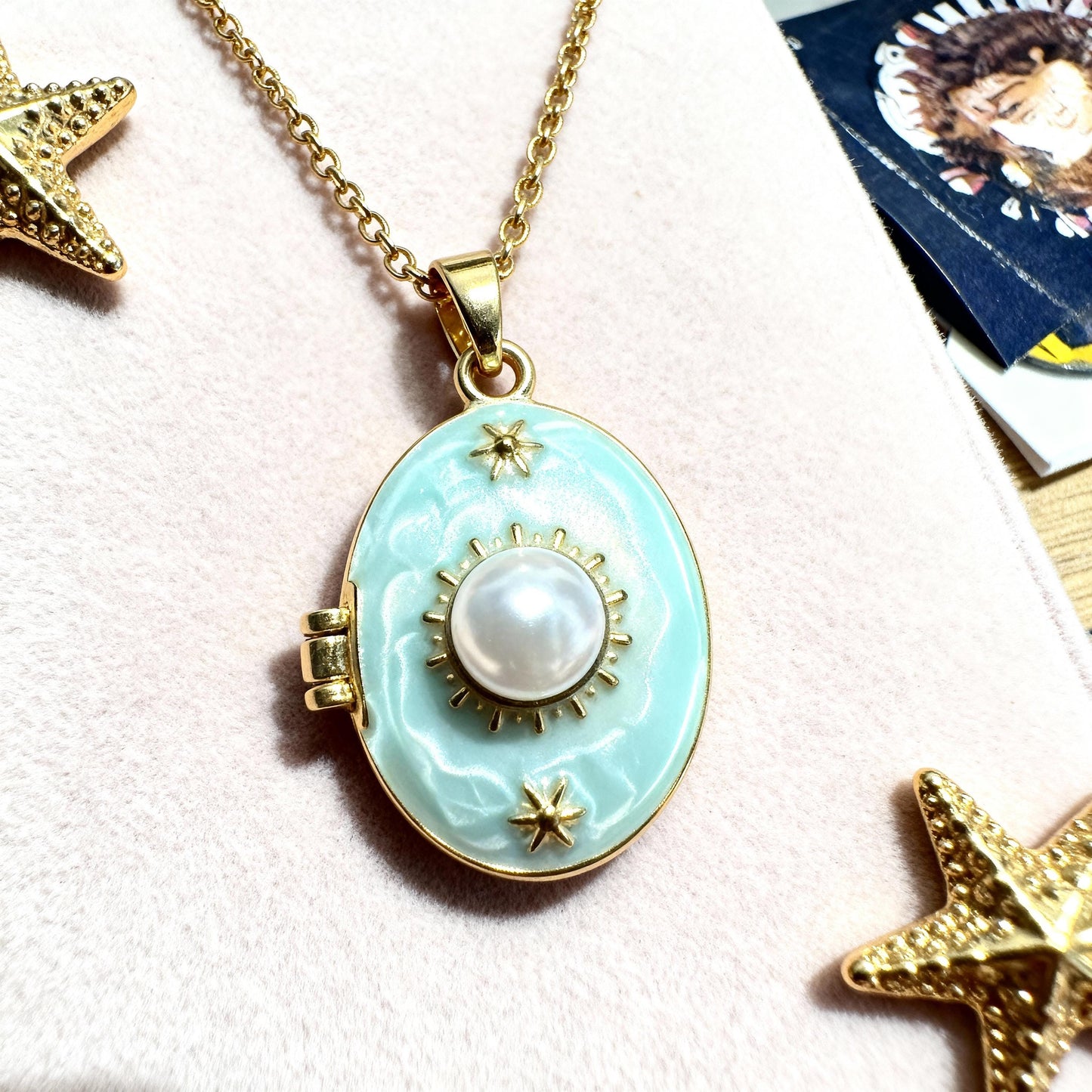 Mint Blue Pearl Oval Photo Locket Necklace – Personalized Keepsake Gift