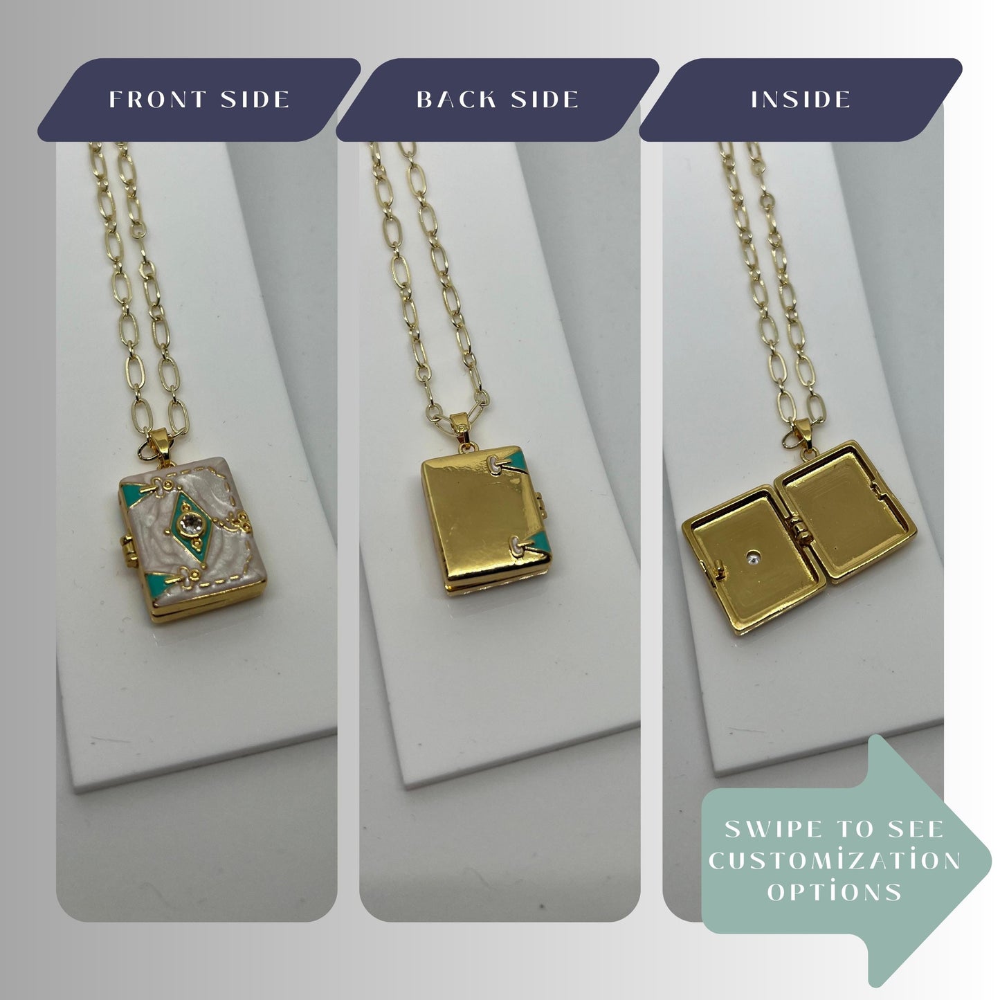 White Enamel Book Locket Necklace – Personalized Keepsake Gift