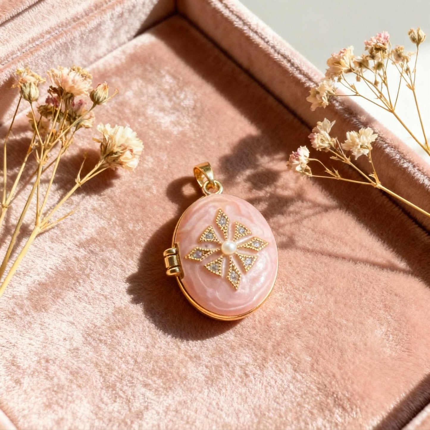 Pink Enamel Pearl Oval Photo Locket Necklace – Personalized Keepsake Gift