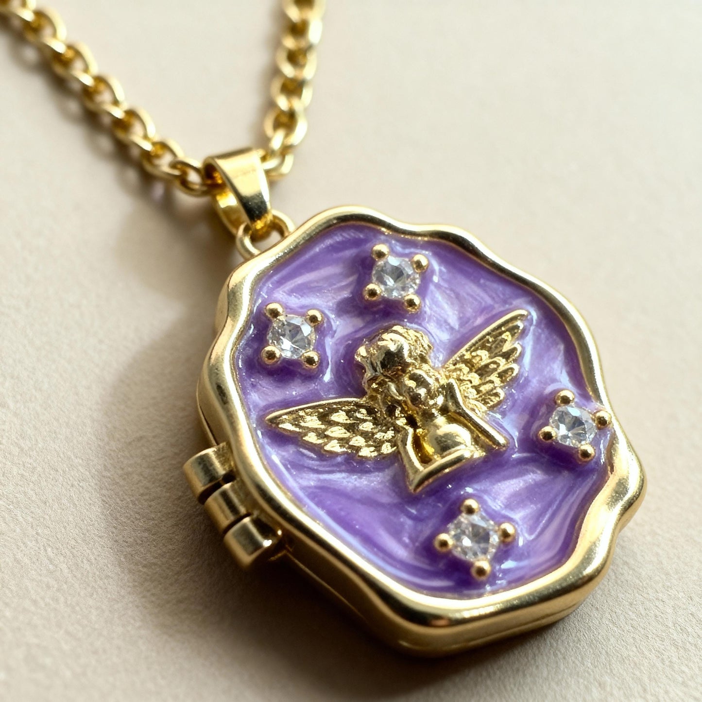 Purple Enamel Angel Photo Locket Necklace – Personalized Keepsake Gift