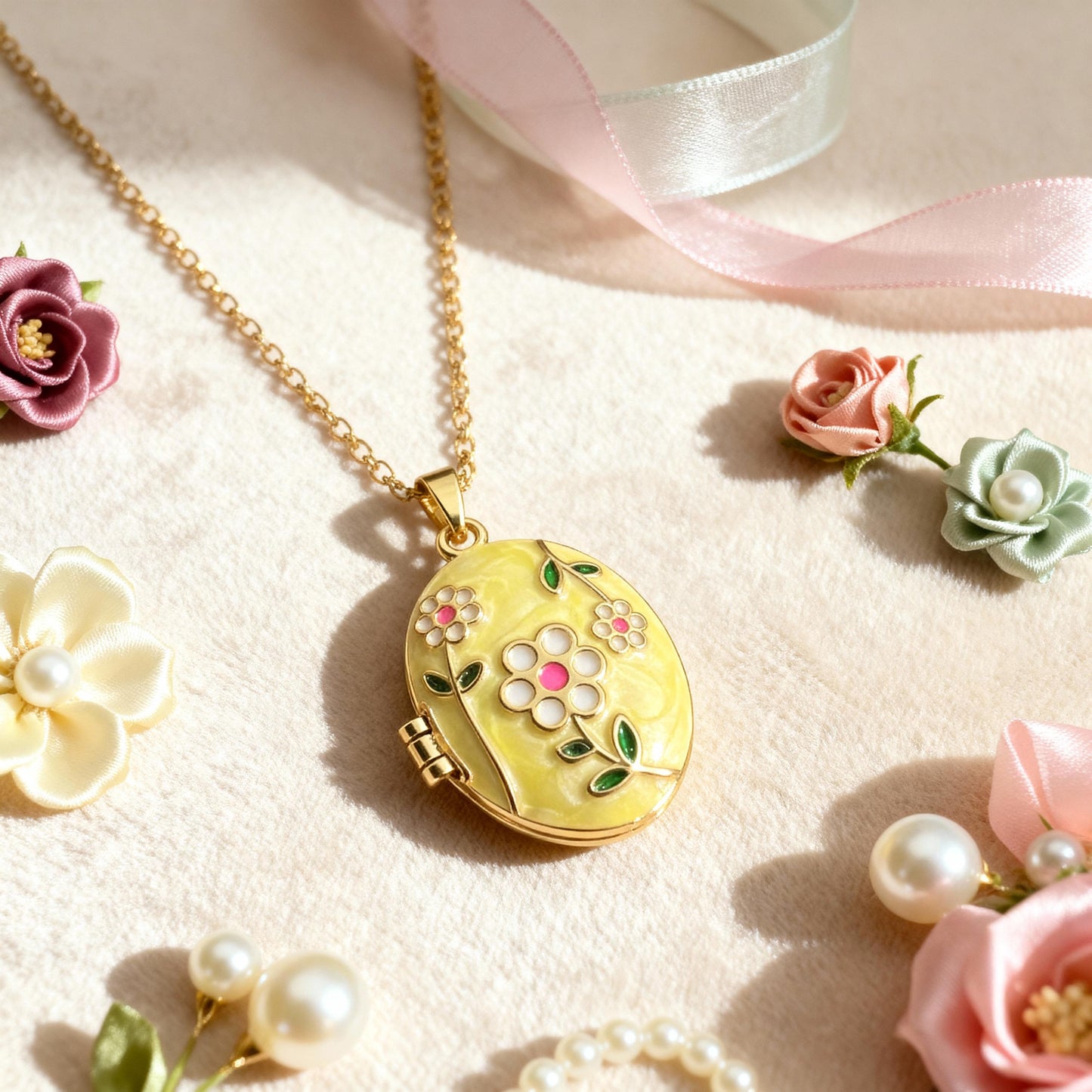 Yellow Floral Oval Photo Locket Necklace – Personalized Keepsake Gift