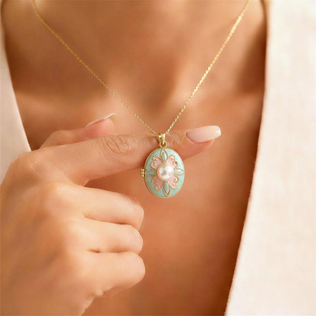 Pastel Floral Pearl Oval Photo Locket Necklace – Personalized Keepsake Gift