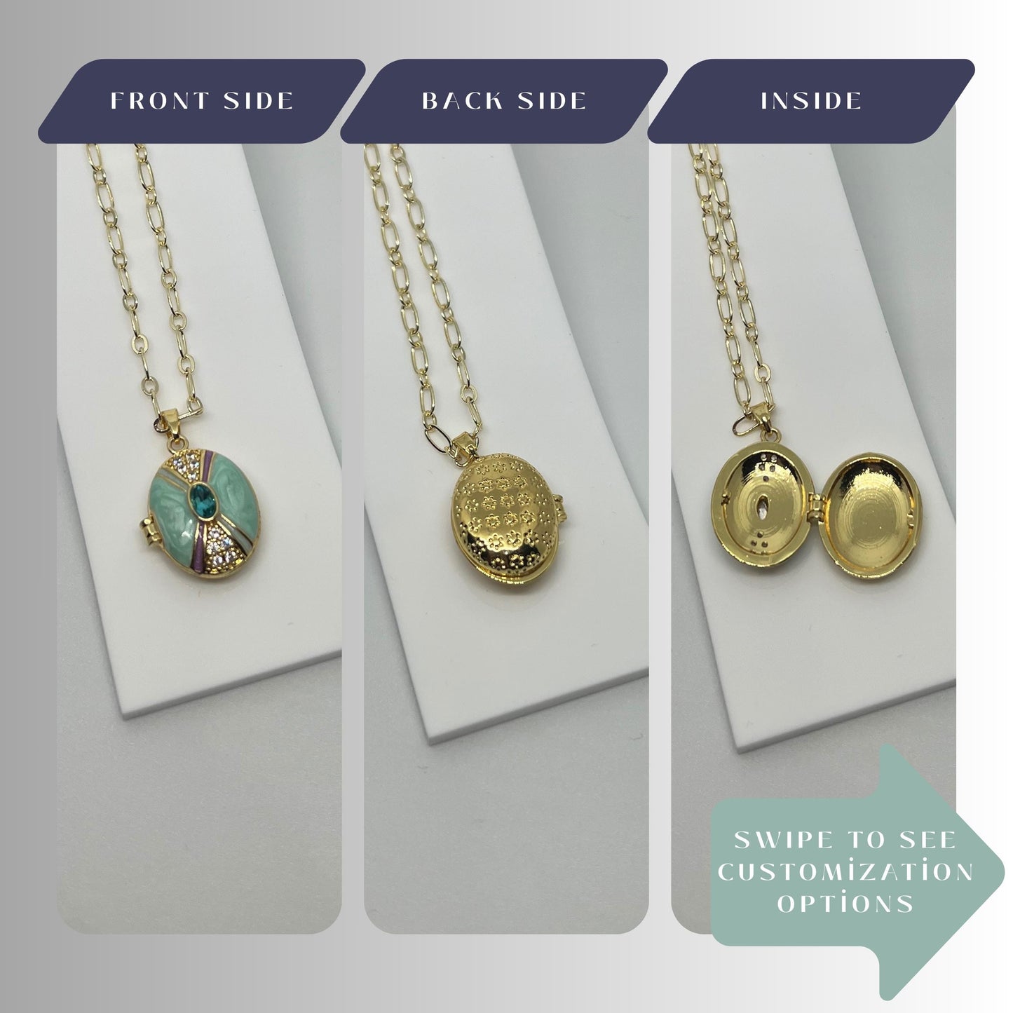 Blue Stone Oval Photo Locket Necklace – Personalized Keepsake Gift