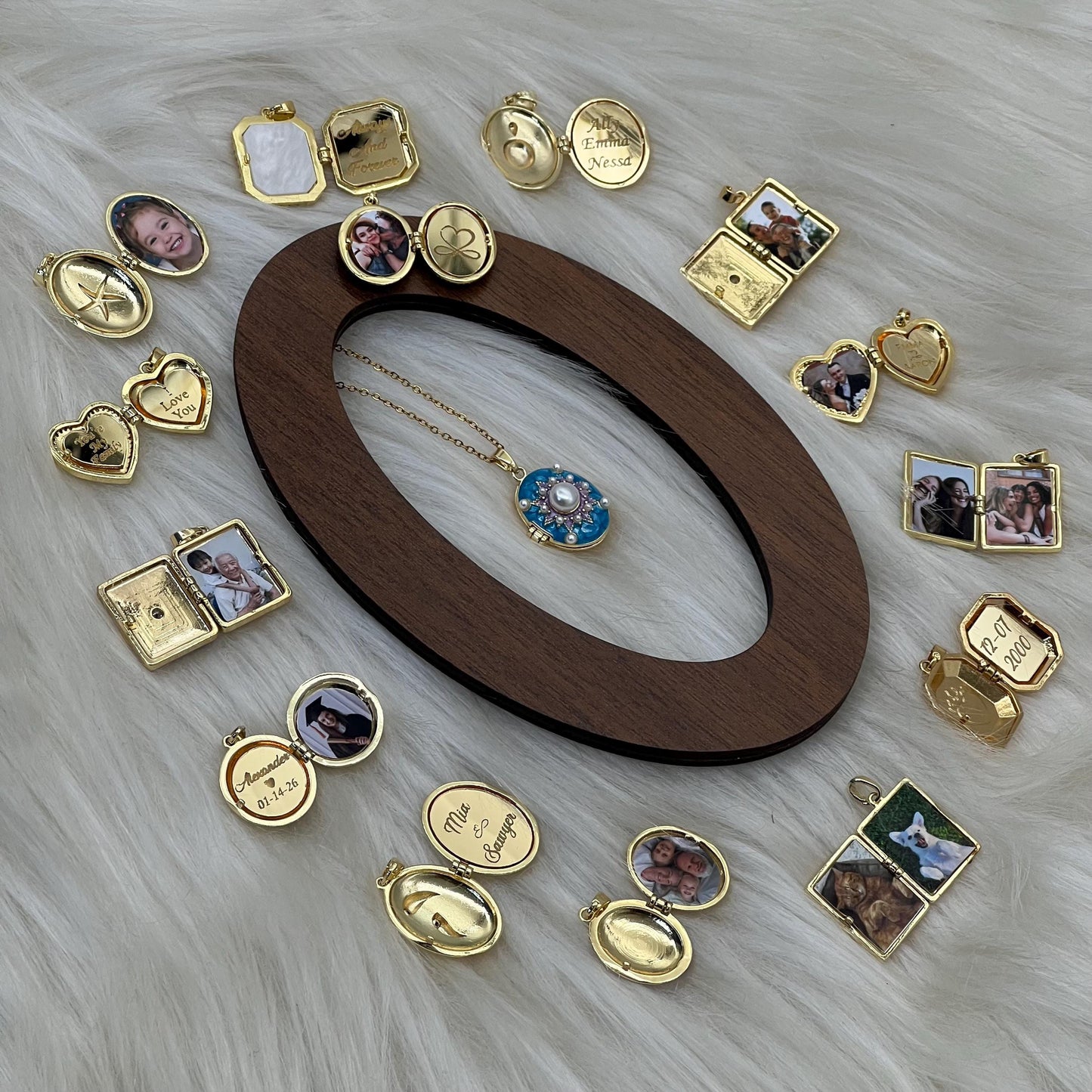 Blue Pearl Starburst Oval Photo Locket Necklace – Personalized Keepsake Gift