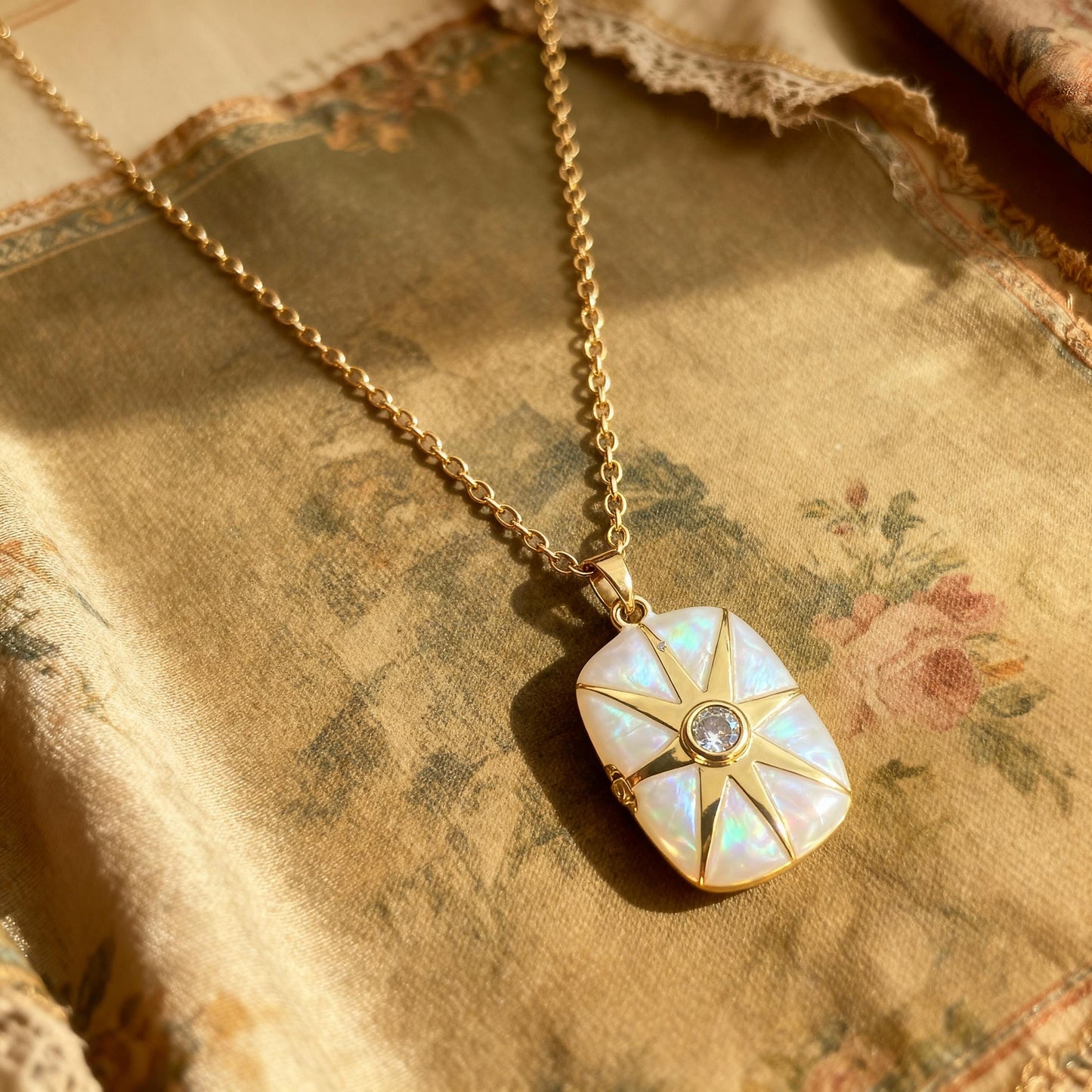 Mother of Pearl Star Rectangle Photo Locket Necklace – Personalized Keepsake Gift