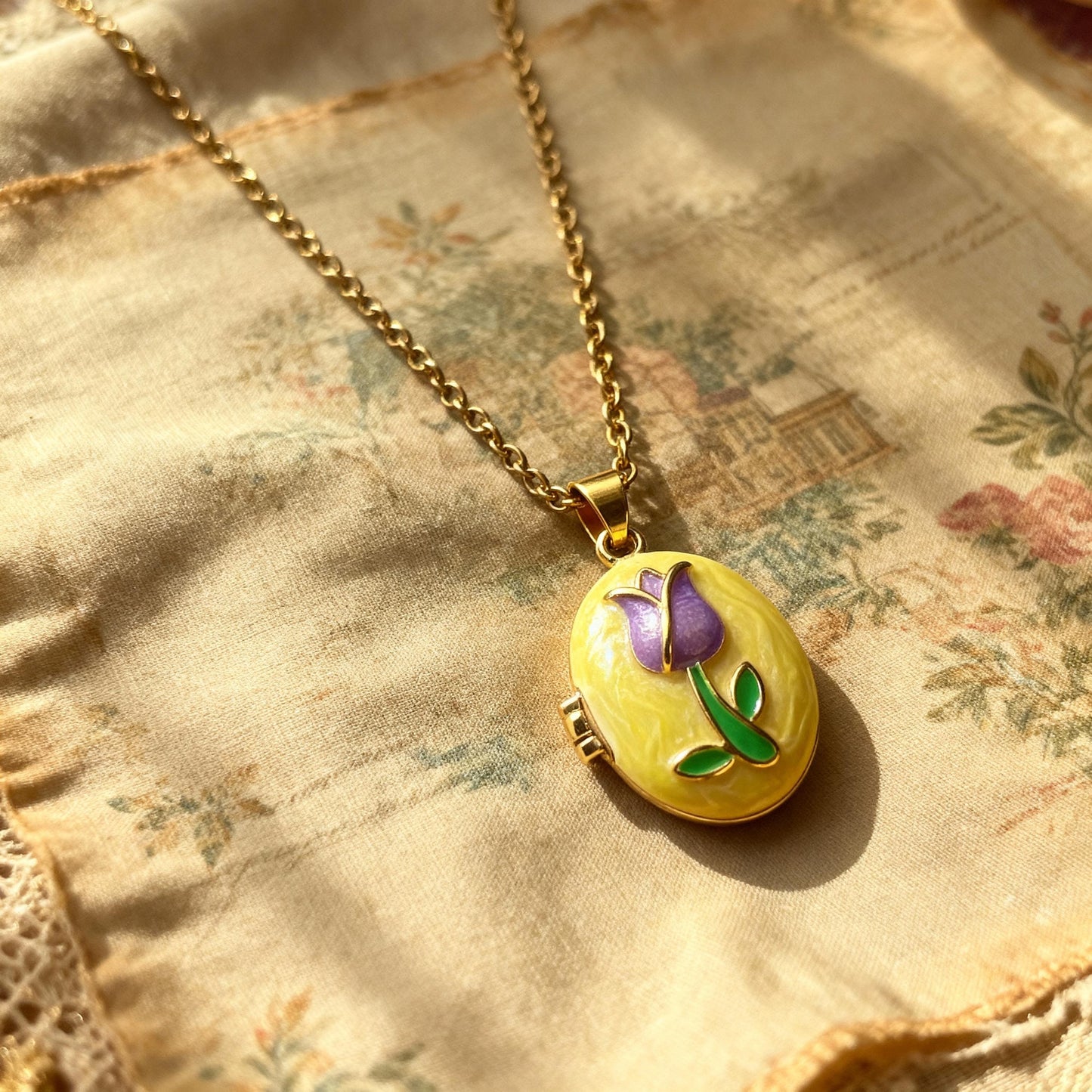 Yellow Tulip Oval Photo Locket Necklace – Personalized Keepsake Gift