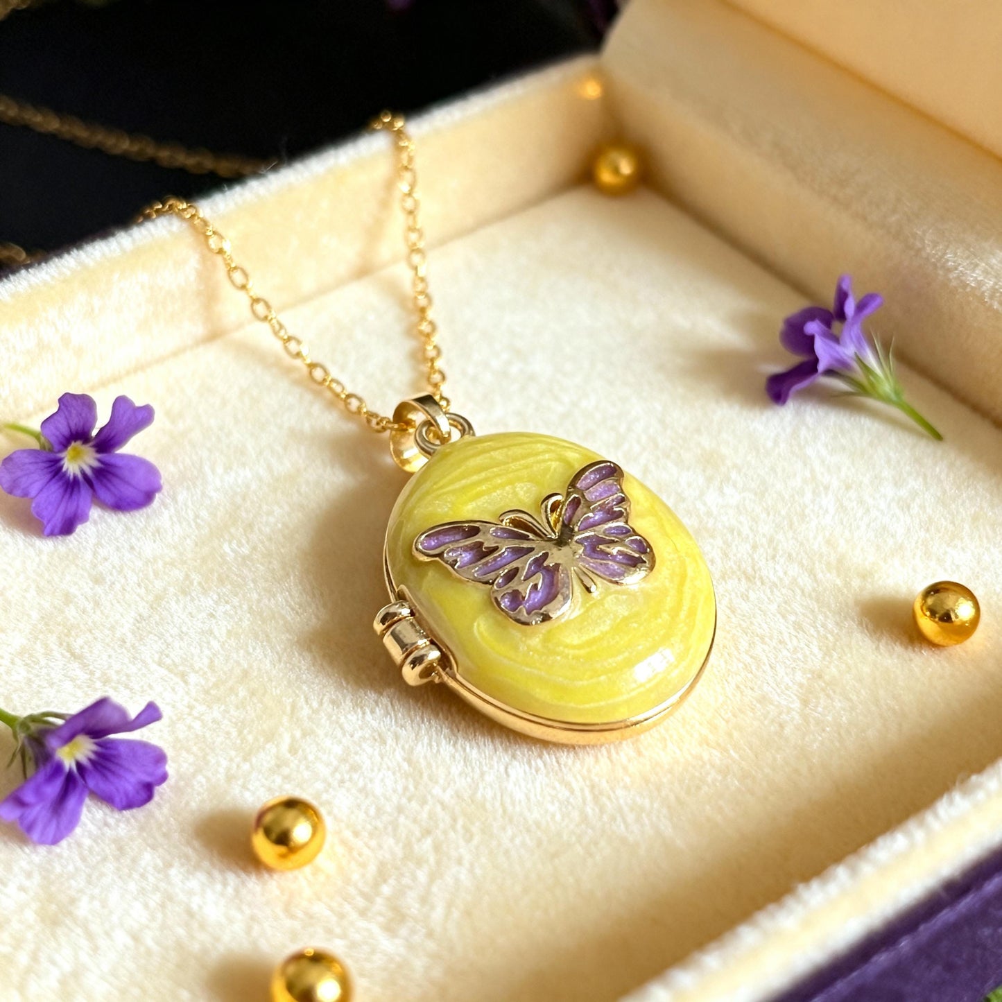 Yellow Butterfly Oval Photo Locket Necklace – Personalized Keepsake Gift