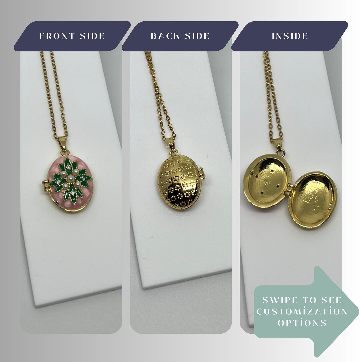 Pink Pearl Floral Oval Photo Locket Necklace – Personalized Keepsake Gift