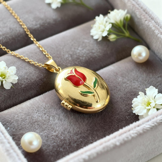 Red Tulip Oval Photo Locket Necklace – Personalized Keepsake Gift