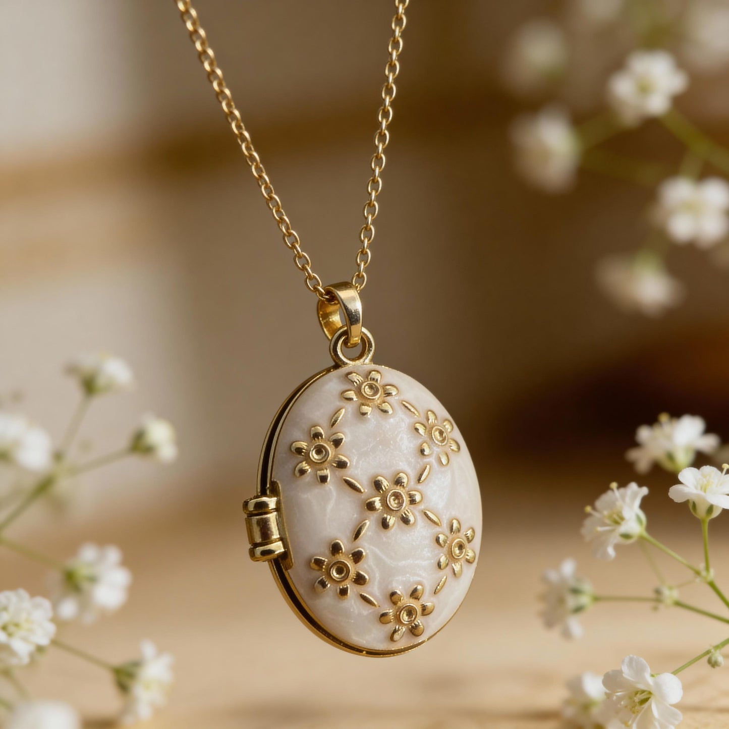 White Floral Oval Photo Locket Necklace – Personalized Keepsake Gift