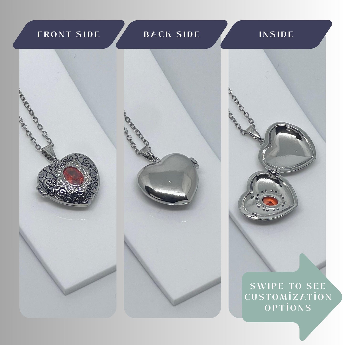Victorian Style Heart Photo Locket Necklace with Crystal Gemstone, Vintage Keepsake Jewelry