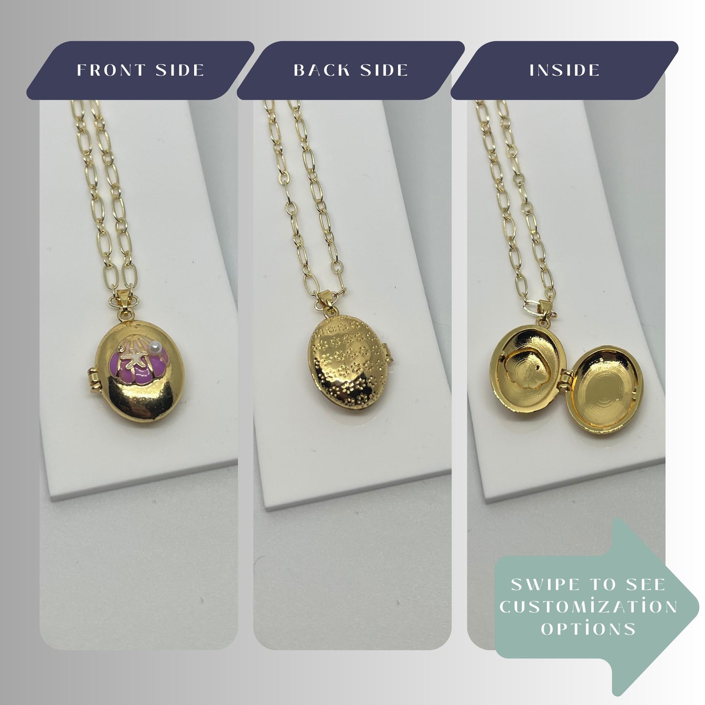 Purple Seashell Oval Photo Locket Necklace – Personalized Keepsake Gift
