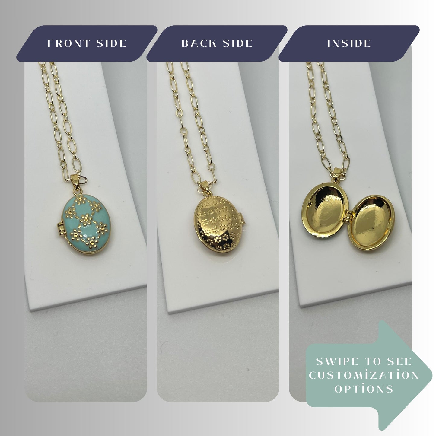 Blue Floral Oval Photo Locket Necklace – Personalized Keepsake Gift